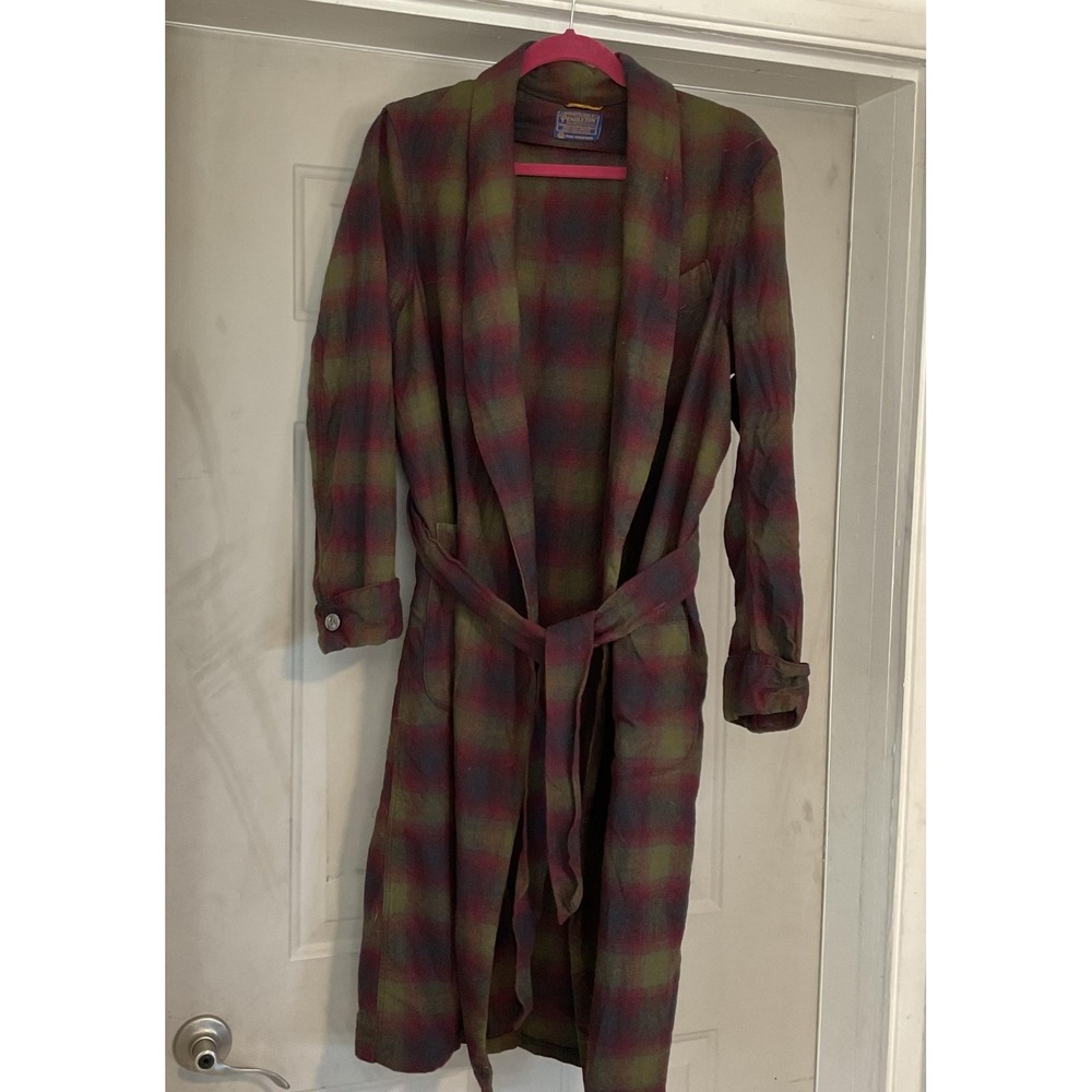 Vintage Pendleton Robe Mens‎ Small Multicolor Plaid Wool Flannel Belted Bathrobe